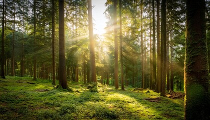 Obraz premium A Forest With A Sun Shining Through The Trees