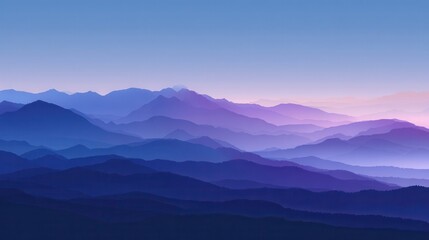 a minimalist abstract background showcasing layered mountain silhouettes in varying shades of blue and purple fading into a soft gradient sky to evoke serenity and vastness