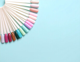 Colorful nail polish samples on a pastel backdrop. Perfect for showcasing beauty concepts, cosmetic trends, and style guides. Ideal for beauty blogs and salon promotions.