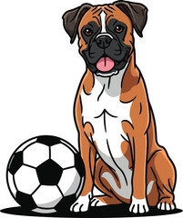 Vector art of boxer dog sitting next to a soccer ball