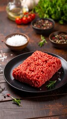 Ground beef on a dark plate, surrounded by seasonings and fresh herbs