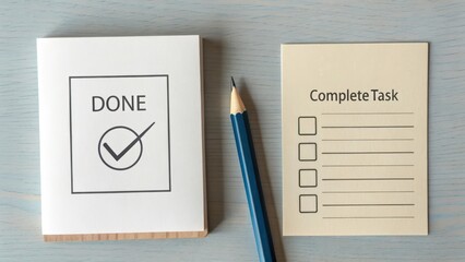 Task Completion Checklist with Done Note and Pencil on Table