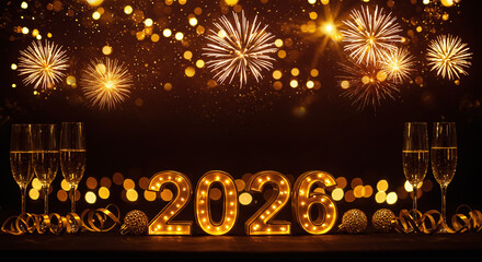 Sparkling 2026 new year's eve celebration with champagne flutes and festive fireworks for a magical holiday season greeting