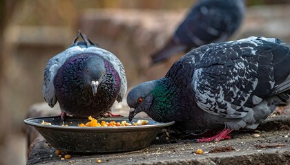 Two pigeons eating from a dish