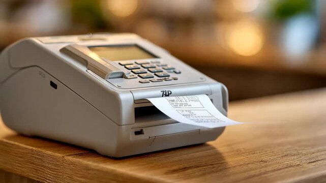Thermal receipt printer processing transactions on wooden counter