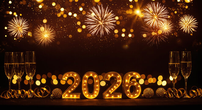 Sparkling 2026 new year's eve celebration with champagne flutes and festive fireworks for a magical holiday season greeting