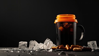 Dark background with a black cup and orange lid filled with ice and colorful capsules scattered around