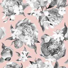 Seamless watercolor pattern with delicate peonies in monochrome black and white shades for textiles. High quality illustration
