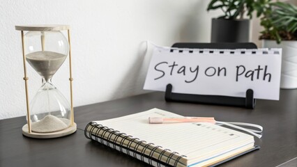 Workspace with Hourglass and Motivational Note for Productivity