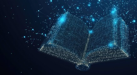 Open book, outlined with glowing network connections.