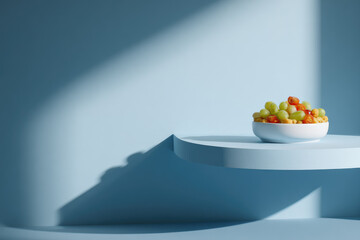 Minimalist bowl of fresh green and red grapes on floating round shelf, soft natural light, modern blue background, healthy vegan snack, calm and serene atmosphere