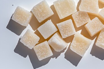 Close-up view of many small, square, sugared candies.