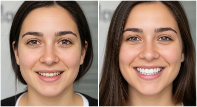 Woman's smile before and after dental treatment. Comparison shows result of teeth whitening and veneers. Concept of cosmetic dentistry, oral hygiene, and perfect smile makeover.