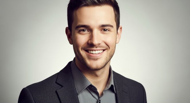 Studio headshot of young man with perfect white smile. Caucasian male banner for advertising, dental clinic, corporate websites, professional profiles, and articles on happiness, success, confidence