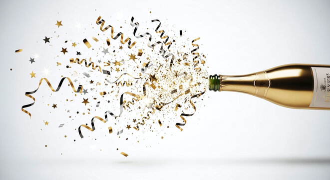 Let's celebrate! Festive gold champagne bottle with exploding confetti adds sparkle to your New Year's Eve and special occasions promotion