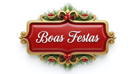Elegant 'Boas Festas' message with festive pine and berries, perfect for holiday greetings, Christmas cards, and New Year celebrations!