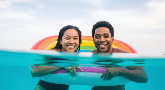 Joyful couple shares a vibrant, happy moment floating on a rainbow pool float under a clear summer sky