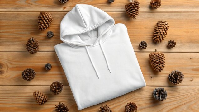 White hoodie, on wooden table, with pinecones – cozy, casual clothing for seasonal fashion and rustic lifestyle photography

