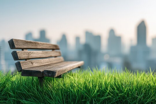 A wooden bench in a park, facing a cityscape, offering a tranquil place for relaxation and contemplation amidst the urban environment, green grass in foreground.