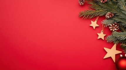 Christmas background with fir tree and decorations on red