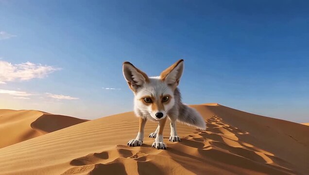 A captivating desert encounter A stunning, forward-facing view of a fennec fox, captured in the heart of the Sahara Desert under a clear, azure sky