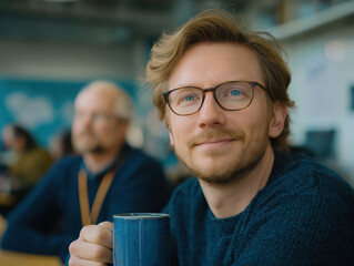 Young man with glasses holding a blue mug, smiling warmly in a modern workspace, with blurred colleagues in the background, showcasing a friendly and collaborative atmosphere