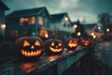 A row of illuminated jack-o'-lanterns adorns a weathered wooden fence on a moody Halloween night, with houses softly blurred in the background in twilight.