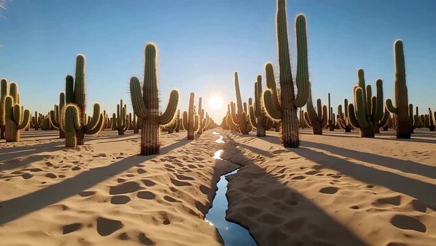 A tranquil desert landscape unfolds under a bright sun, featuring a row of towering saguaro cacti casting long shadows across sandy dunes, with a narrow water channel winding through