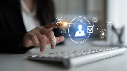 Digital KYC verification with biometric scan, ID authentication, and financial security icons...
