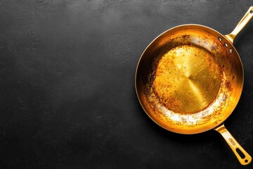 Empty gold colored frying pan on a dark surface.