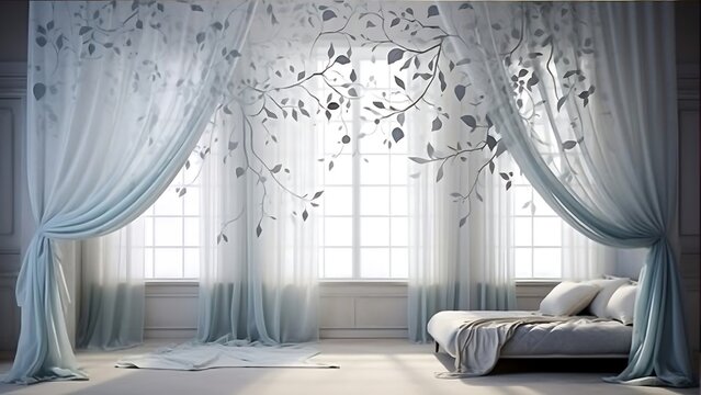 Elegant bedroom with sheer curtains featuring delicate botanical print casting soft shadows