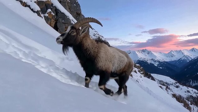 Alpine Ibex Majesty Majestic Mountain Goat Ascending Snowy Peak at Sunset, Wild Beauty in the Alps