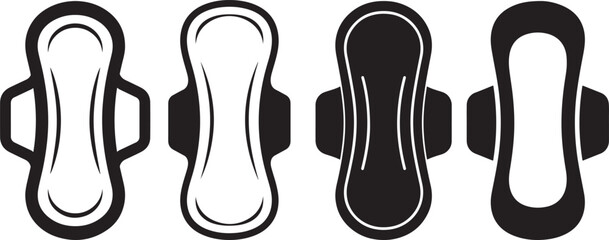 Four sanitary pads in silhouette with contrasting black and white designs