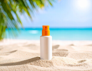 Sunscreen Bottle on Sandy Beach with Turquoise Sea Background
