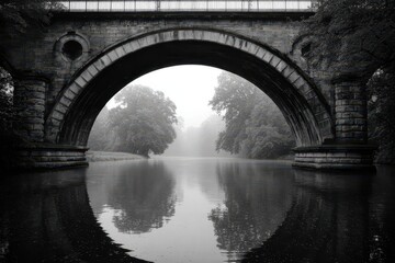 A monochrome stone arch bridge spans a serene river under a veil of mist, with the trees reflected in the calm water, creating a timeless and atmospheric scene.
