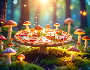 Surreal Pizza on Mushroom Stand in Enchanted Forest with Glowing Fungi