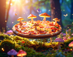 Surreal Pizza Topped with Mushrooms in Enchanted Forest with Butterflies and Glowing Lights