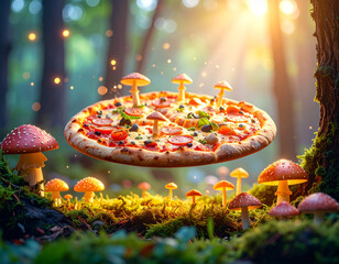 Surreal Pizza with Mushrooms in Enchanted Forest, Fantasy Food Concept