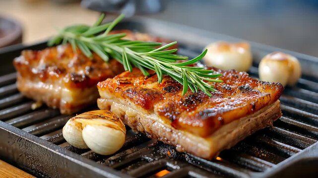 Grilled pork belly with rosemary and garlic sizzling on barbecue grill