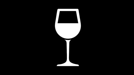 A minimalist graphic depicts a white wine glass, partially filled, set against a stark black background. Simple lines define the glass's form