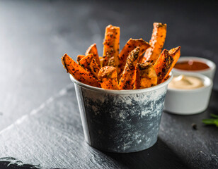 Sweet Potato Fries in Bucket with Dipping Sauces on Dark Slate