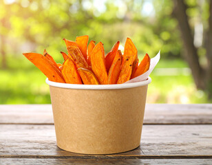 Sweet Potato Fries in Paper Cup on Wooden Table with Green Background