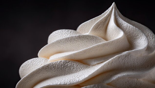 Close-up view of a beautifully swirled whipped cream topping against a dark background, ideal for dessert imagery