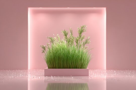 A minimalist still life featuring a rectangular planter with lush green grass and delicate white flowers against a soft pink backdrop, conveying serenity and freshness.