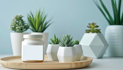 Obraz premium A serene tabletop arrangement featuring a jar and various succulent plants in stylish pots against a soft blue background