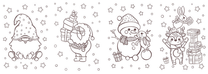 Christmas coloring pages set, Christmas Clipart, cute gnome, Santa Claus with gifts, snowman with bunny, reindeer with presents, festive holiday cartoon line art, black and white outline drawings