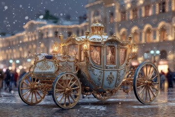 An intricately designed, opulent royal carriage stands in a snowy cityscape, adorned with gold and delicate detailing, creating a fairytale atmosphere under soft lights.