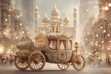 Fototapeta premium Enchanting golden royal carriage in a festive city, elegant design, opulent fairytale scene.