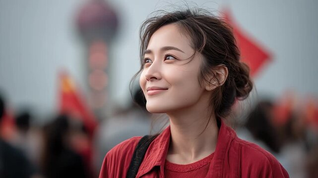 A Confident Woman Looks to the Future Development of the City