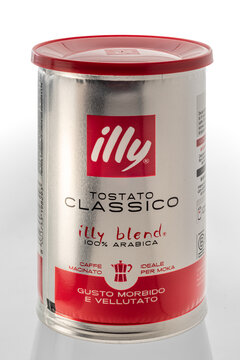 Italy - September 14, 2025: Can of illy classic roasted Arabica ground coffee, ideal for moka pots, with a smooth and velvety taste. illy is an important company based in Trieste.